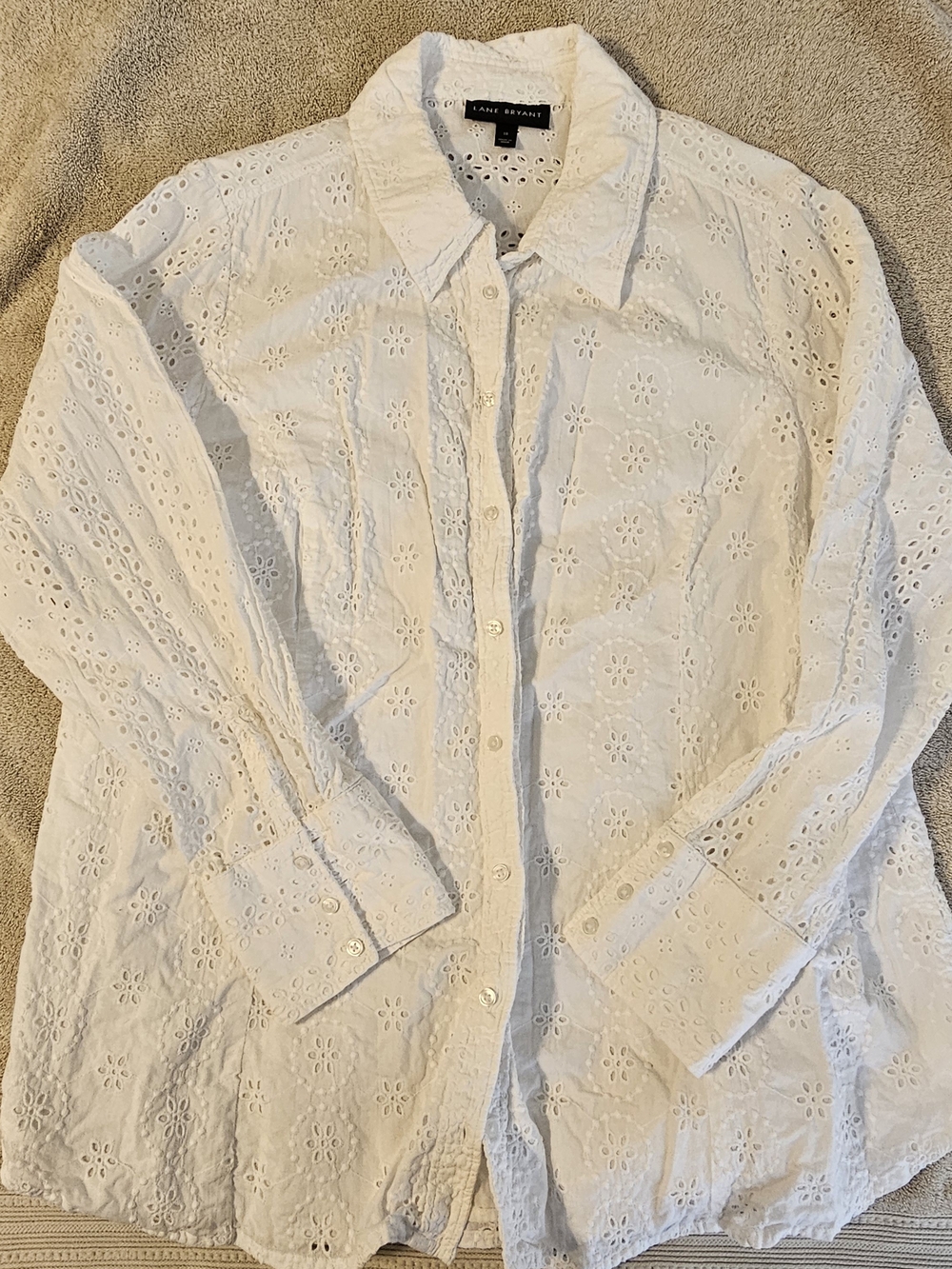 Layne Bryant White Cotton Long Sleeve Eyelet Blouse Size 18